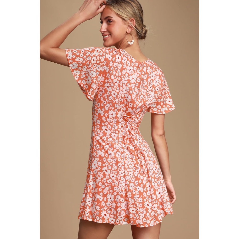 LULUS Magnolia Orange Floral Button Front Dress M